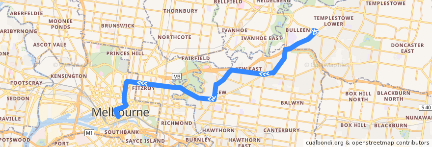 Mapa del recorrido Bus 200: Bulleen => Kew Junction => City (Queen Street) de la línea  en Melbourne.