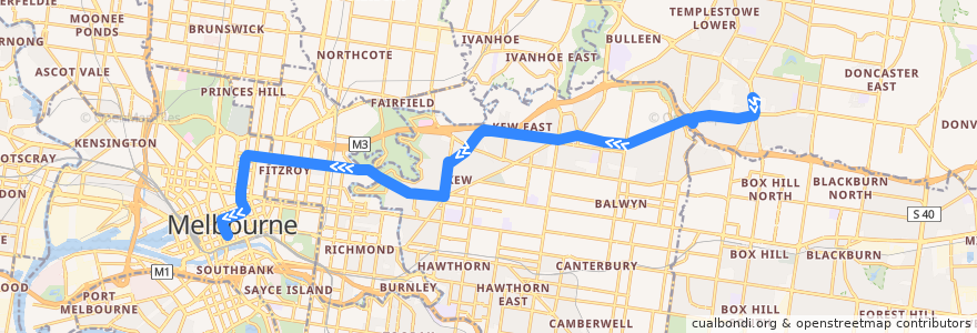 Mapa del recorrido Bus 207: Doncaster Shopping Centre => Kew Junction => City (Queen Street) de la línea  en Melbourne.