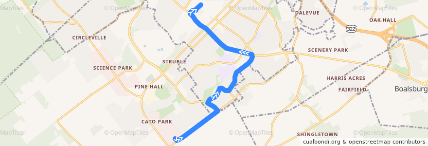Mapa del recorrido Bus RC: Research Drive -> Waupelani Drive -> Campus de la línea  en Centre County.