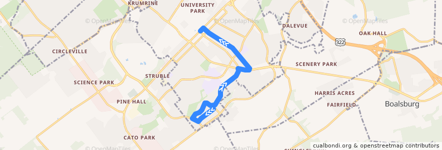 Mapa del recorrido Bus RP: Waupelani Drive -> Downtown de la línea  en Centre County.
