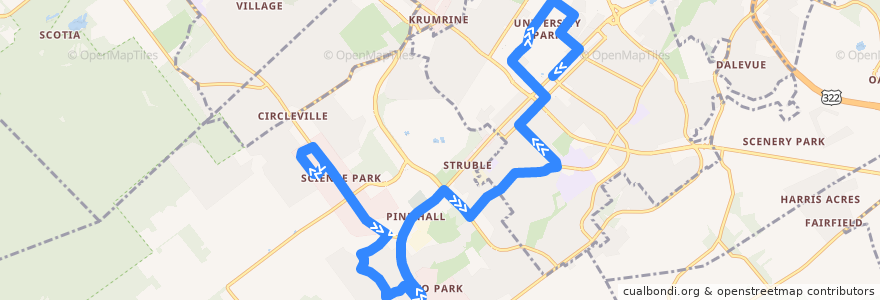 Mapa del recorrido Bus S: Science Park -> Brackenridge -> Campus and Downtown de la línea  en Centre County.