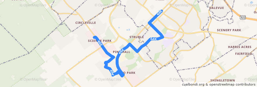 Mapa del recorrido Bus S: Campus and Downtown -> Brackenridge -> Science Park de la línea  en Centre County.