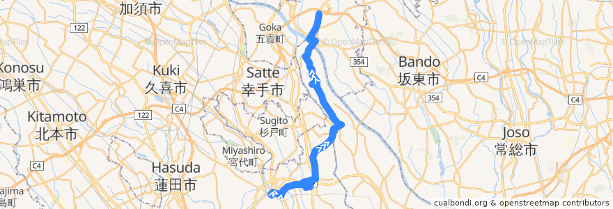 Mapa del recorrido 朝日バスKB57系統 春日部駅東口⇒イオンモール春日部・関宿はやま工業団地⇒境車庫 de la línea  en 春日部市.