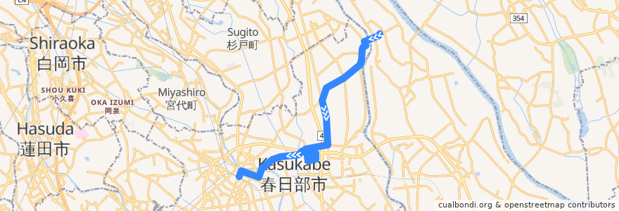 Mapa del recorrido 朝日バスKB52系統 関宿中央ターミナル⇒イオンモール春日部⇒春日部駅東口 de la línea  en 春日部市.