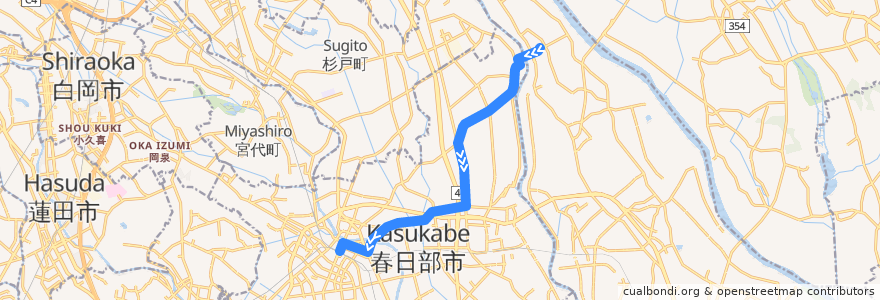 Mapa del recorrido 朝日バスKB53系統 関宿中央ターミナル⇒辻橋⇒春日部駅東口 de la línea  en 春日部市.