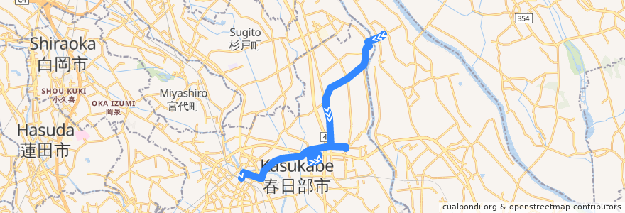 Mapa del recorrido 朝日バスKB54系統 関宿中央ターミナル⇒庄和総合支所・イオンモール春日部⇒春日部駅東口 de la línea  en 春日部市.