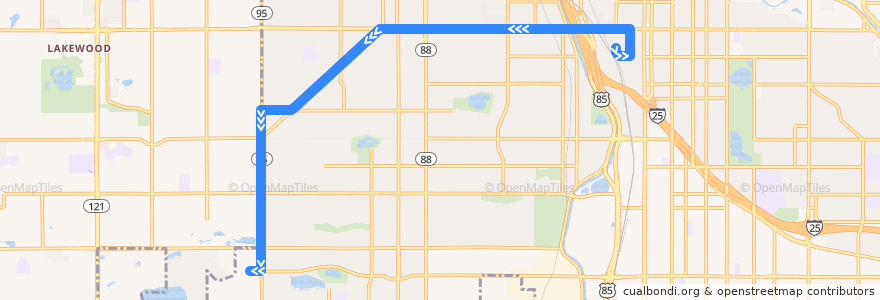 Mapa del recorrido Bus 4: Morrison Road → Evans & Sheridan de la línea  en دنور، کلرادو.