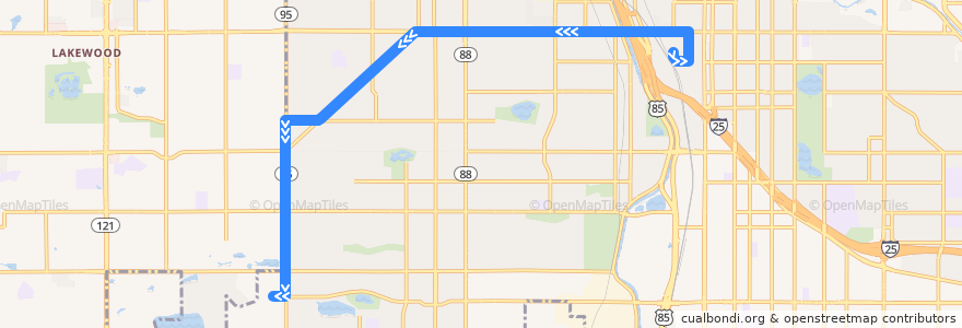 Mapa del recorrido Bus 4: Morrison Road → Evans & Sheridan de la línea  en Denver.