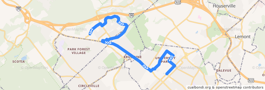 Mapa del recorrido Bus V: The Colonnade -> Vairo Boulevard -> North Atherton Place -> Campus and Downtown de la línea  en Centre County.