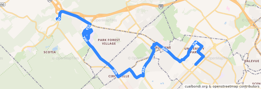 Mapa del recorrido Bus W: Geisinger Grays Woods -> Valley Vista Drive -> Oak Hill Apartments -> The Heights -> Northland Center -> Campus and Downtown de la línea  en Centre County.