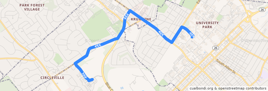 Mapa del recorrido Bus WE: Campus -> Circleville Road -> Havershire Boulevard de la línea  en Centre County.