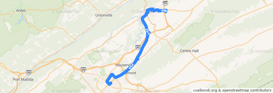 Mapa del recorrido Bus XB: Bellefonte -> Nittany Mall -> Campus and Downtown de la línea  en Centre County.