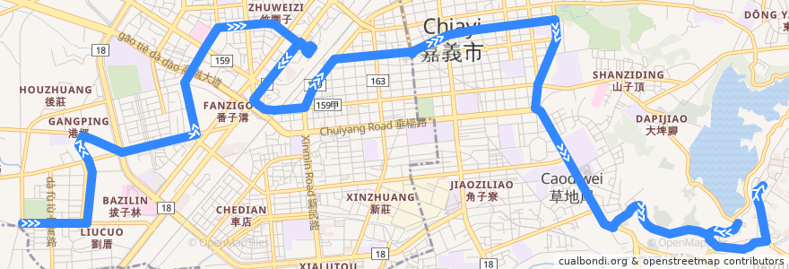 Mapa del recorrido 嘉義市 中山幹線A線: 劉厝社區→嘉義大學蘭潭校區(返程) de la línea  en Chiayi.