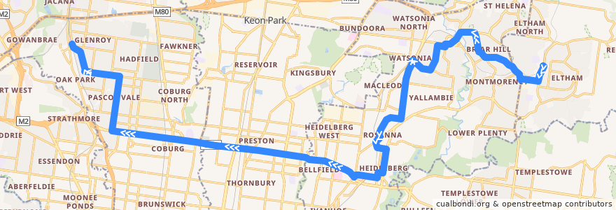 Mapa del recorrido Bus 513: Eltham => Greensborough => Glenroy de la línea  en Melbourne.