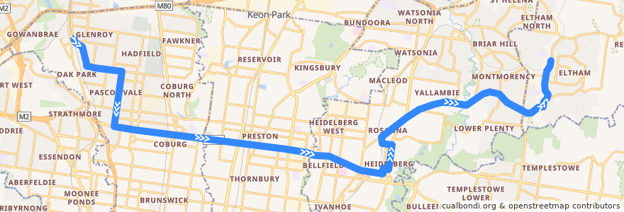 Mapa del recorrido Bus 513: Glenroy => Lower Plenty => Eltham de la línea  en Melbourne.