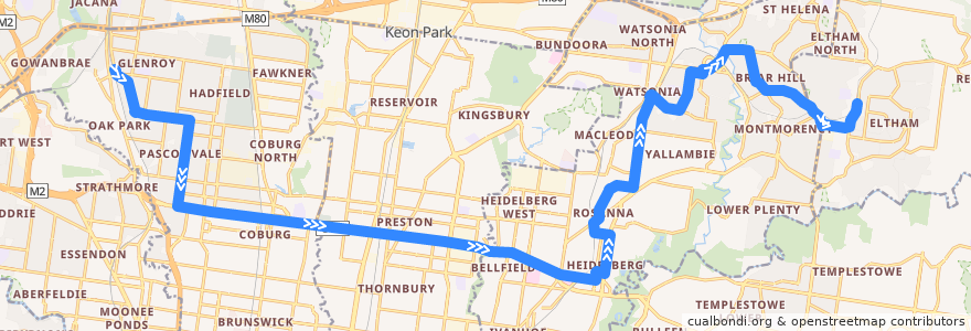 Mapa del recorrido Bus 513: Glenroy => Greensborough => Eltham de la línea  en Melbourne.