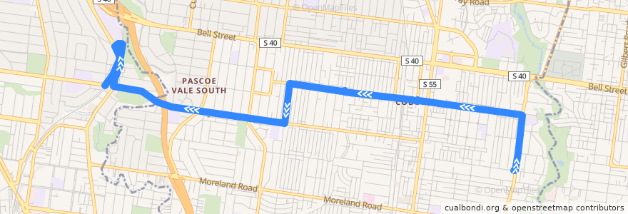 Mapa del recorrido Bus 512: East Coburg => Coburg & Coburg West & Pascoe Vale South => Strathmore de la línea  en City of Merri-bek.