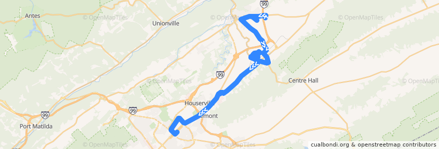 Mapa del recorrido Bus XG: Bellefonte -> Pleasant Gap -> Nittany Mall -> Campus and Downtown de la línea  en Centre County.