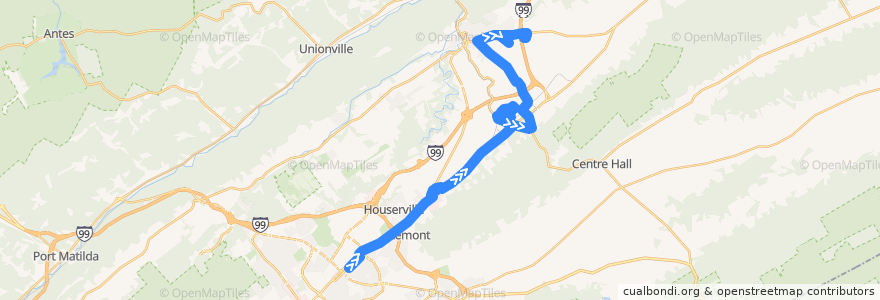 Mapa del recorrido Bus XG: Downtown -> Nittany Mall -> Pleasant Gap -> Bellefonte de la línea  en Centre County.