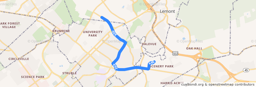 Mapa del recorrido Bus SA: Windmere Park -> Hills Plaza -> South Atherton Street -> Beaver Stadium de la línea  en Centre County.