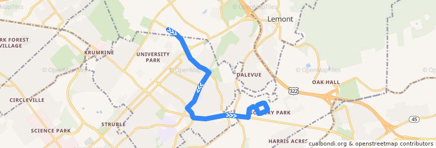 Mapa del recorrido Bus SA: Beaver Stadium -> South Atherton Street -> Hills Plaza -> Windmere Park de la línea  en Centre County.