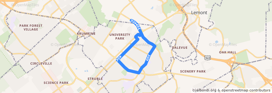 Mapa del recorrido Bus DT: Beaver Stadium -> Easterly Parkway -> Downtown -> Beaver Stadium de la línea  en Centre County.