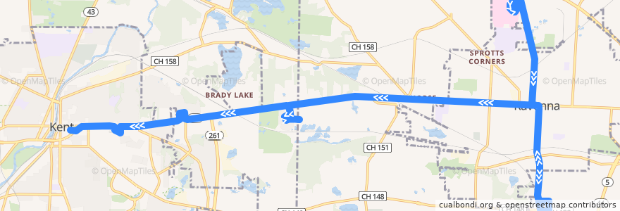 Mapa del recorrido Bus 35: University Hospitals Portage Medical Center -> Ravenna High School -> South Prospect Street/Skeels Community -> Downtown Ravenna -> Black Horse -> PMHA -> Meadow View/Walmart -> KSU/Moulton Ha de la línea  en Portage County.