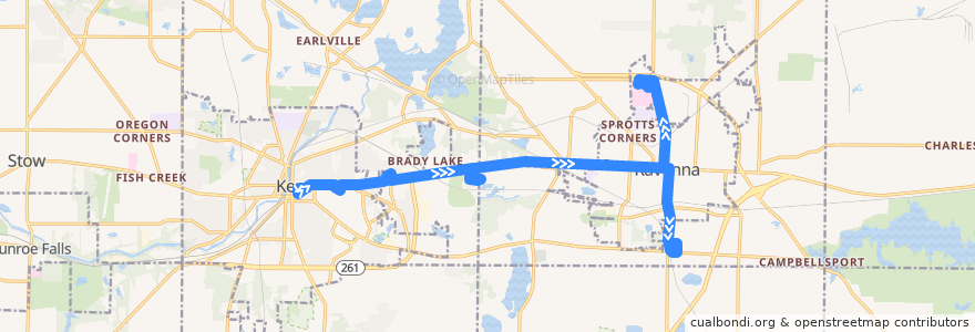 Mapa del recorrido Bus 35: Kent Central Gateway -> KSU/Moulton Hall -> Meadow View/Walmart -> PMHA -> Black Horse -> Downtown Ravenna -> South Prospect Street/Skeels Community -> Ravenna High School -> University Hospit de la línea  en Portage County.