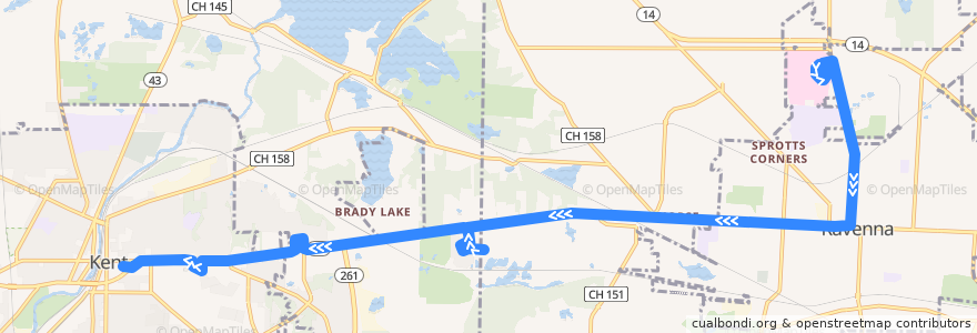 Mapa del recorrido Bus 35: University Hospitals Portage Medical Center -> Ravenna High School -> Downtown Ravenna -> Black Horse -> PMHA -> Meadow View/Walmart -> KSU/Moulton Hall -> Kent Central Gateway de la línea  en Portage County.