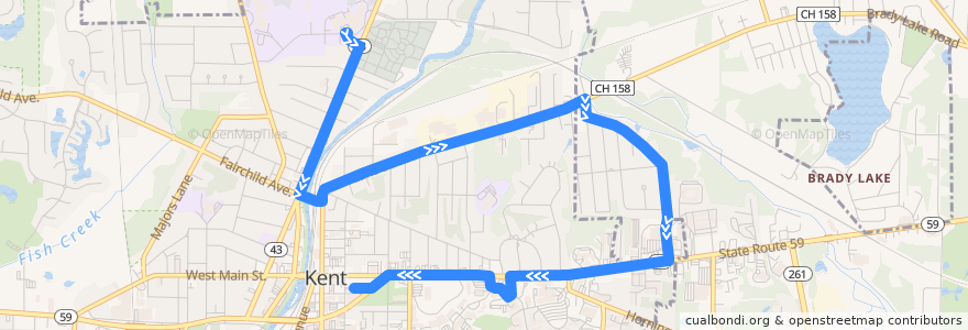 Mapa del recorrido Bus 40: Roosevelt High School -> Lake Street -> KSU/Moulton Hall -> Kent Central Gateway de la línea  en Kent.