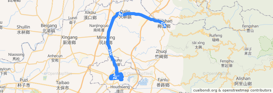 Mapa del recorrido 公路客運 7304B: 梅山→嘉義(經大林,繞駛嘉義市學區)(返程) de la línea  en Landkreis Chiayi.