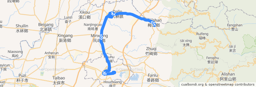 Mapa del recorrido 公路客運 7304A: 梅山→嘉義(經大林,繞駛慈濟醫院)(返程) de la línea  en Contea di Chiayi.