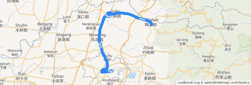 Mapa del recorrido 公路客運 7304A: 嘉義→梅山(經大林,繞駛慈濟醫院)(往程) de la línea  en Condado de Chiayi.