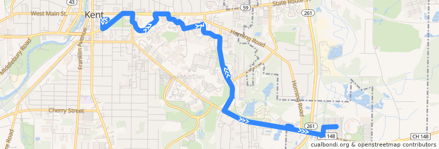 Mapa del recorrido Bus 57: Kent Central Gateway -> Center for Performing Arts -> Residence Halls -> Van Campen -> C Summit East Parking -> Dix Stadium de la línea  en Kent.