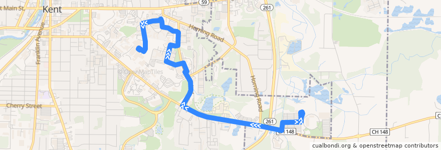 Mapa del recorrido Bus 59: Dix Stadium -> Van Campen -> Residence Halls -> Tri Towers -> KSU Student Center Rear de la línea  en Kent.