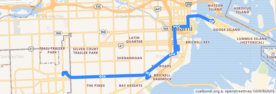 Mapa del recorrido Miami Trolley Coral Way: Port Miami => Ponce de Leon Boulevard de la línea  en Miami.