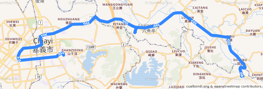 Mapa del recorrido 公路客運 7319H: 番路→嘉義(不繞駛黃心寮、繞駛灣橋分院, 返程) de la línea  en Landkreis Chiayi.