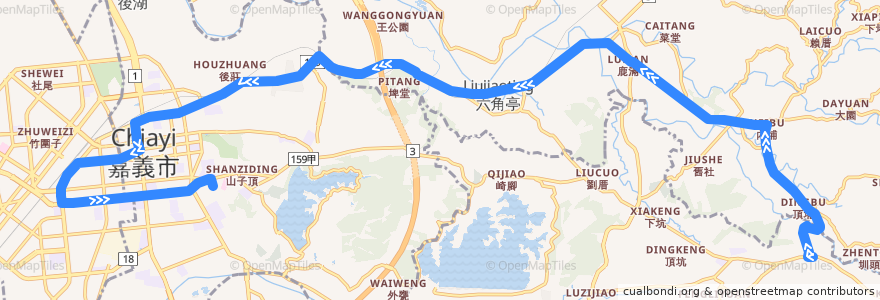 Mapa del recorrido 公路客運 7319F: 番路→嘉義(不繞駛黃心寮, 返程) de la línea  en Condado de Chiayi.