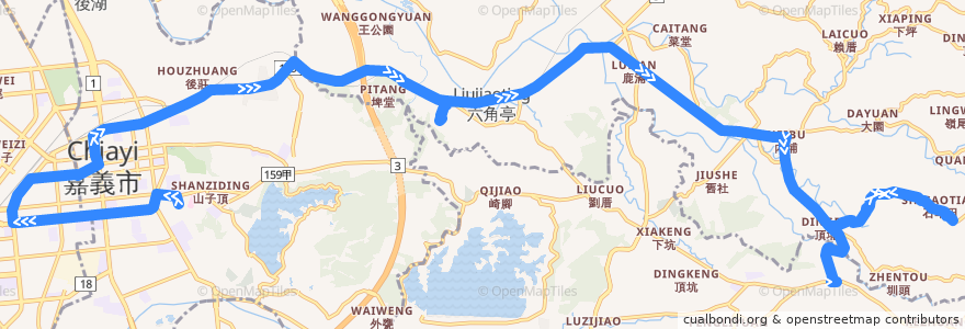 Mapa del recorrido 公路客運 7319E: 嘉義→番路(繞駛灣橋分院, 往程) de la línea  en 자이 현.