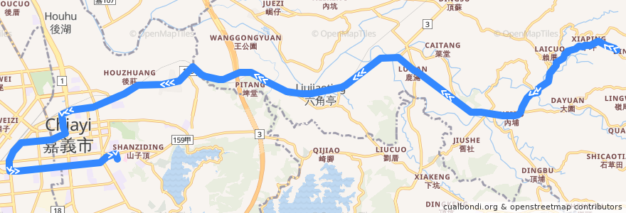 Mapa del recorrido 嘉義縣 101: 塘興村→嘉義(返程) de la línea  en Landkreis Chiayi.