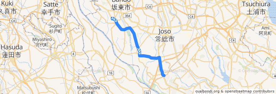 Mapa del recorrido 関東鉄道バス (直行坂東号)岩井バスターミナル⇒神田山⇒守谷駅西口 de la línea  en 茨城県.