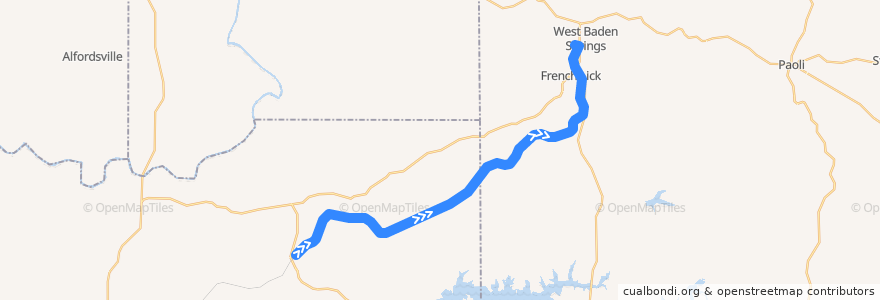 Mapa del recorrido French Lick Scenic Railway de la línea  en インディアナ州.