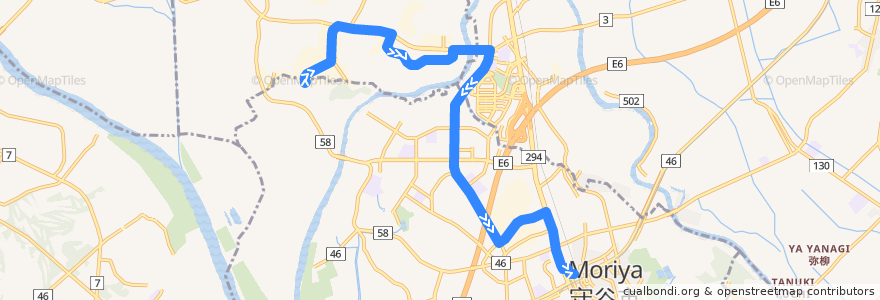 Mapa del recorrido 関東鉄道バス 内守谷工業団地⇒きぬの里⇒守谷駅西口 de la línea  en Ibaraki Prefecture.