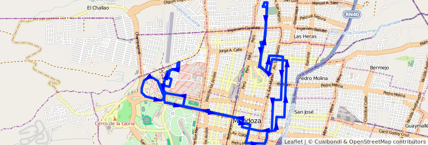 Mapa del recorrido 111-113 - Club Hípico - B° Olivares - U.N.C. por Hospital Central de la línea G03 en Ciudad de Mendoza.