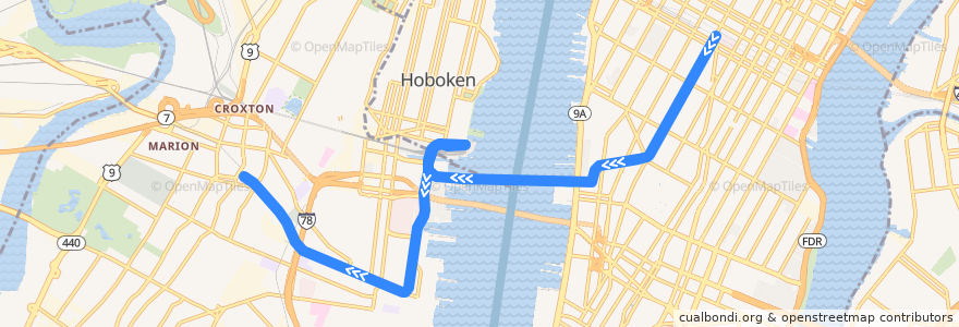 Mapa del recorrido PATH: 33rd Street → Hoboken → Journal Square de la línea  en 美利坚合众国/美利堅合眾國.
