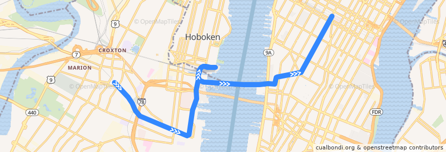 Mapa del recorrido PATH: Journal Square → Hoboken → 33rd Street de la línea  en États-Unis d'Amérique.