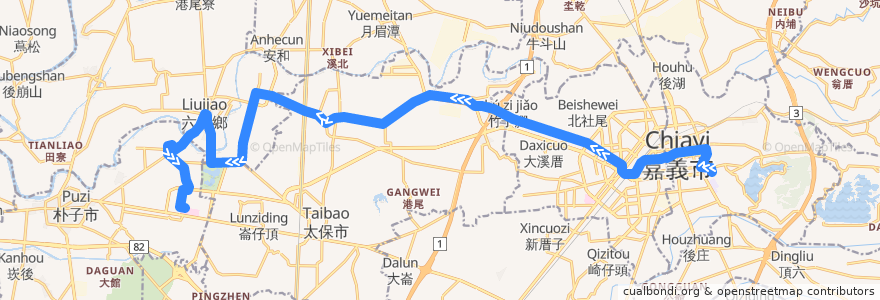 Mapa del recorrido 公路客運 7303: 嘉義→長庚紀念醫院(往程) de la línea  en Chiayi County.