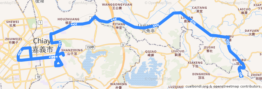 Mapa del recorrido 公路客運 7319G: 番路→嘉義(不繞駛黃心寮、繞駛嘉義市學區, 返程) de la línea  en 嘉義縣.