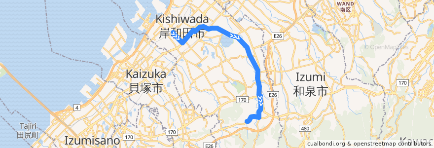 Mapa del recorrido 613: 岸和田駅前-白原車庫 de la línea  en 岸和田市.