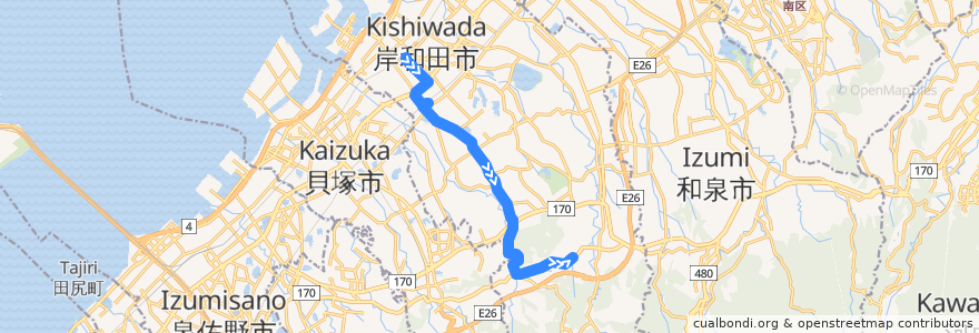 Mapa del recorrido 643: 岸和田駅前-白原車庫 de la línea  en Kishiwada.